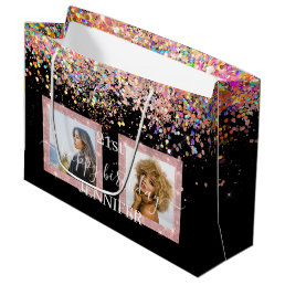 Holographic Glitter Custom Photo Birthday Black Large Gift Bag