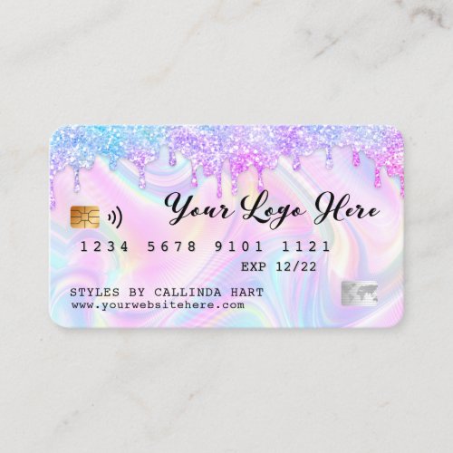 Holographic Glitter Drip VIP Loyalty Credit Style  Business Card