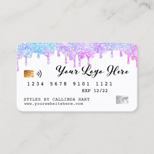 Holographic Glitter Drip VIP Loyalty Credit Style  Business Card