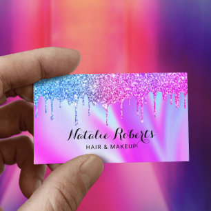 Holographic Glitter Drips Beauty Salon Pink Blue Business Card