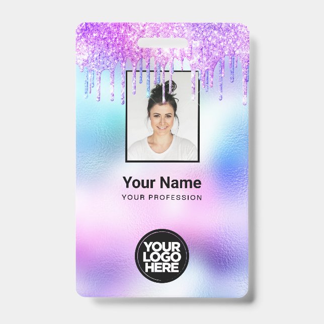 Holographic Glitter Drips Employee Photo Logo Name Badge (Front)