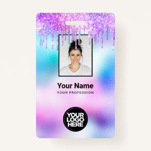 Holographic Glitter Drips Employee Photo Logo Name Badge