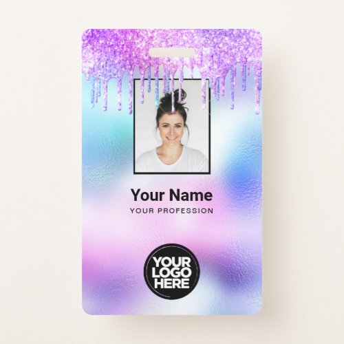 Holographic Glitter Drips Employee Photo Logo Name Badge