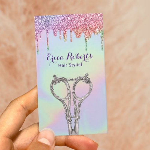 Holographic Glitter Drips Hair Stylist Salon Business Card