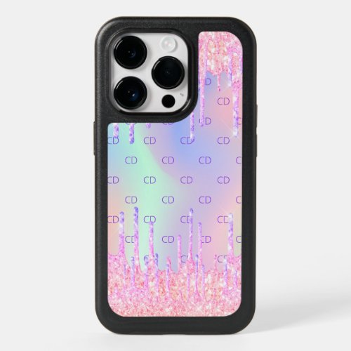 Holographic glitter drips pink monogram OtterBox iPhone 14 pro case