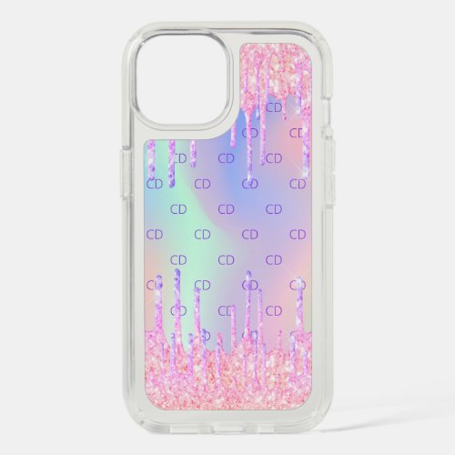 Holographic glitter drips pink monogram sparkle iPhone 15 case