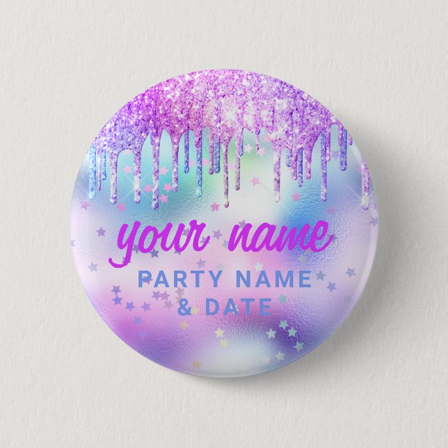 Holographic Glitter Drips Purple Party Name Favor Button (Front)