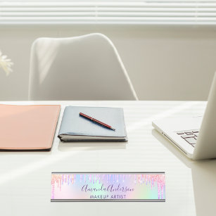 Holographic glitter drips unicorn rainbow beauty desk name plate