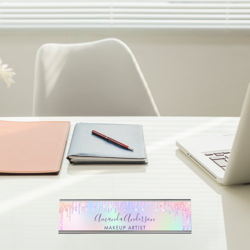 Holographic glitter drips unicorn rainbow beauty desk name plate