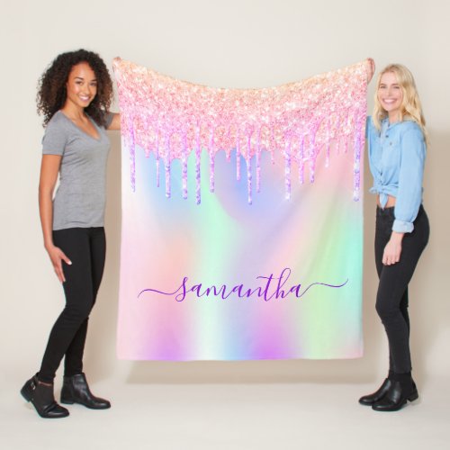 Holographic glitter drips unicorn rainbow monogram fleece blanket