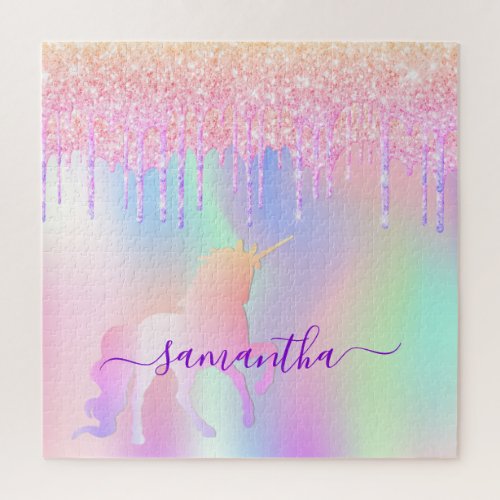 Holographic glitter drips unicorn rainbow monogram jigsaw puzzle