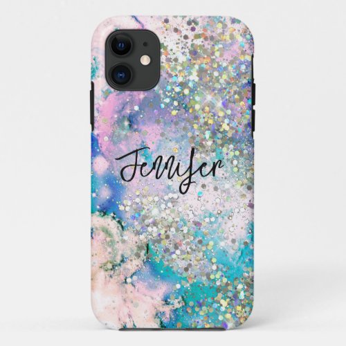 Holographic Glitter elegant Blue Teal Marbled Ink iPhone 11 Case