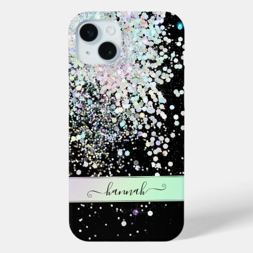 Holographic Glitter Explosion Black Name Template iPhone 15 Plus Case