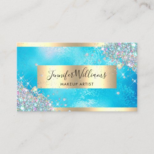 Holographic Glitter Gold Foil Turquoise Business Card