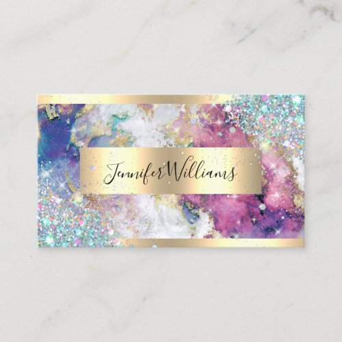Holographic Glitter Gold Foil Watercolor Purple Business Card