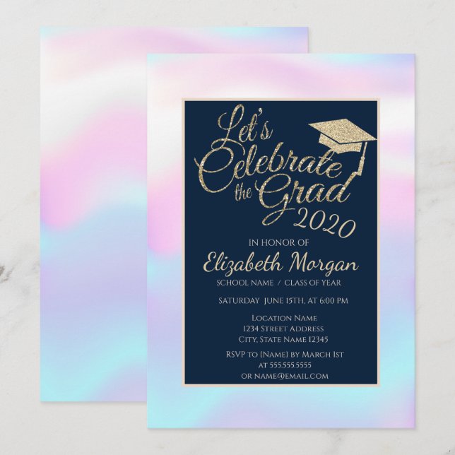 Holographic Glitter Graduation Cap Graduation Invitation (Front/Back)