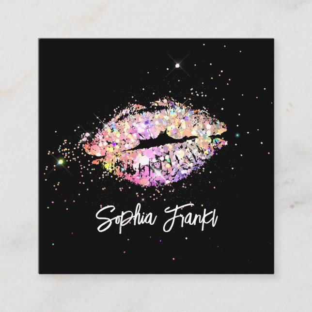 Holographic Glitter Lips Beauty Black Unique Square Business Card (Front)
