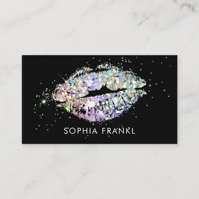 Holographic Glitter Lips Makeup Artist Black Business Card (Front)