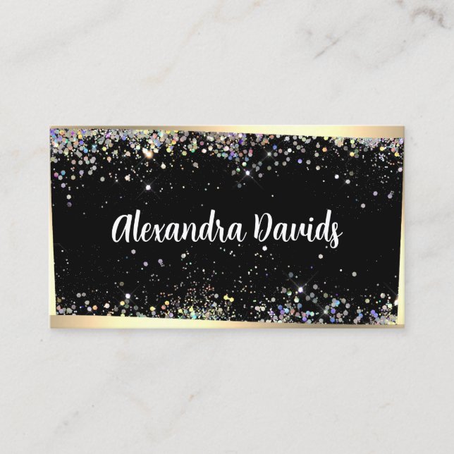 Holographic Glitter Makeup Artist Black Gold Frame Business Card (Front)