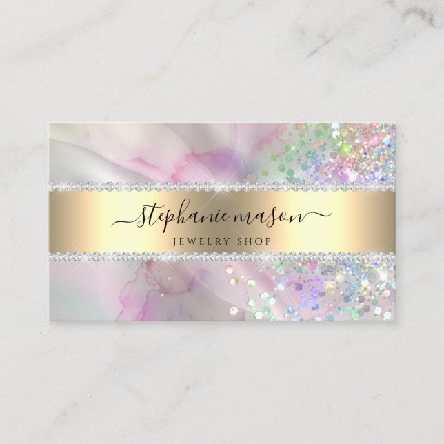 Holographic Glitter Marbled Watercolor Pink Calling Card (Front)