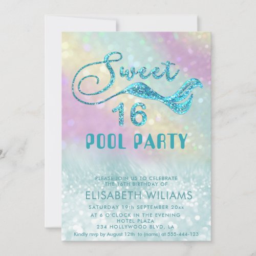 Holographic glitter mermaid tail pool party invitation