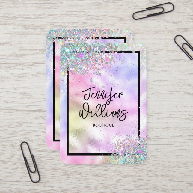 Holographic Glitter Metallic Modern Boutique Business Card (Front/Back In Situ)