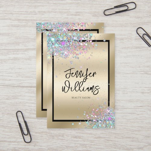 Holographic Glitter Metallic Modern Gold Beauty Business Card