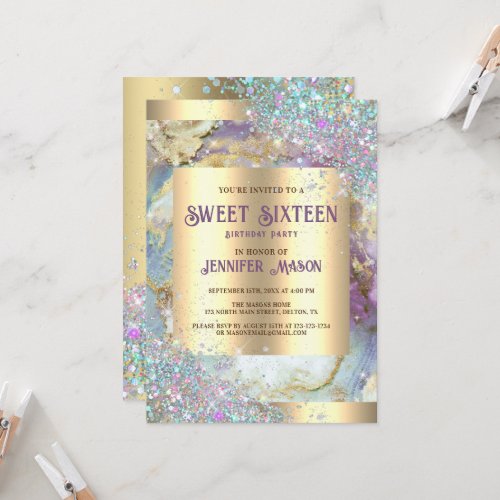 Holographic Glitter Modern Gold Marble Sweet 16 Invitation