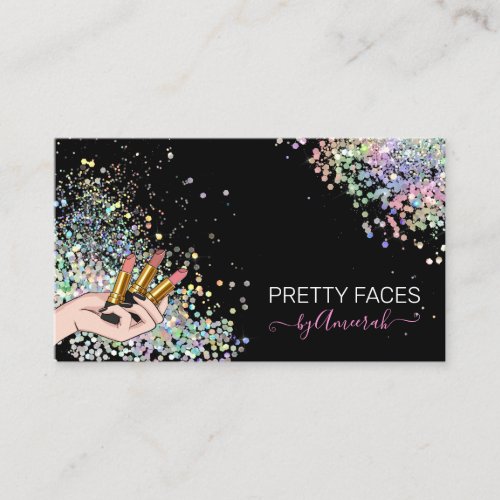 Holographic Glitter MUA Lipstick Logo Makeup Salon Business Card