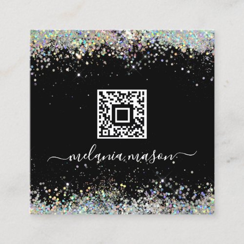 Holographic Glitter Nail Artist Black QR Code Chic Square Business Card