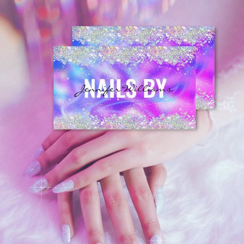 Holographic Glitter Nails Technician Salon Purple  Business Card