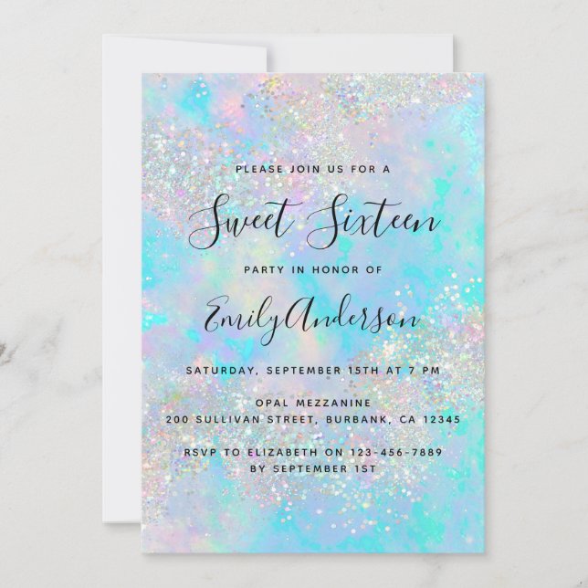 Holographic Glitter Opal Iridescent Sweet Sixteen Invitation (Front)