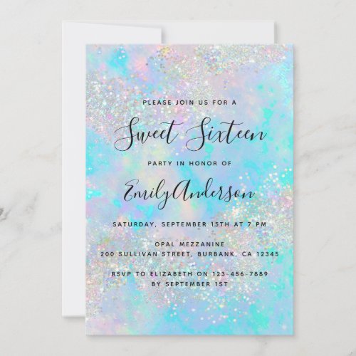 Holographic Glitter Opal Iridescent Sweet Sixteen Invitation