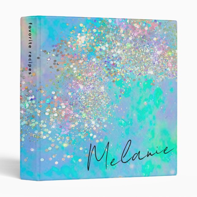 Holographic Glitter Opal Stone Monogram Script  3 Ring Binder (Front/Spine)