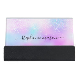 Holographic Glitter Pastel Girly Purple Desk Business Card Holder