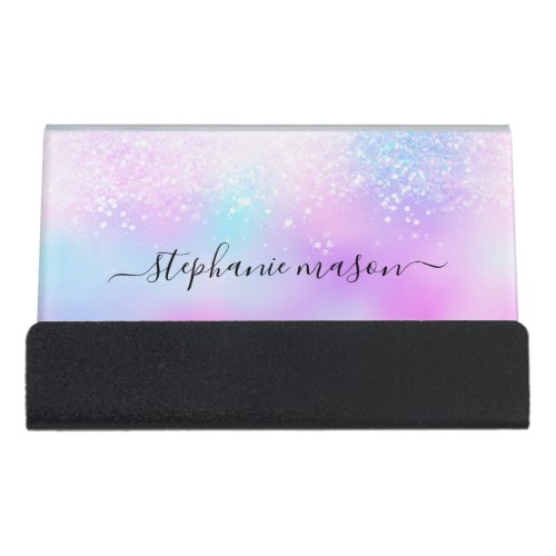 Holographic Glitter Pastel Girly Purple Desk Business Card Holder