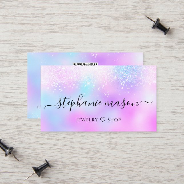 Holographic Glitter Pastel QR Code Girly Calling Card (Front/Back In Situ)