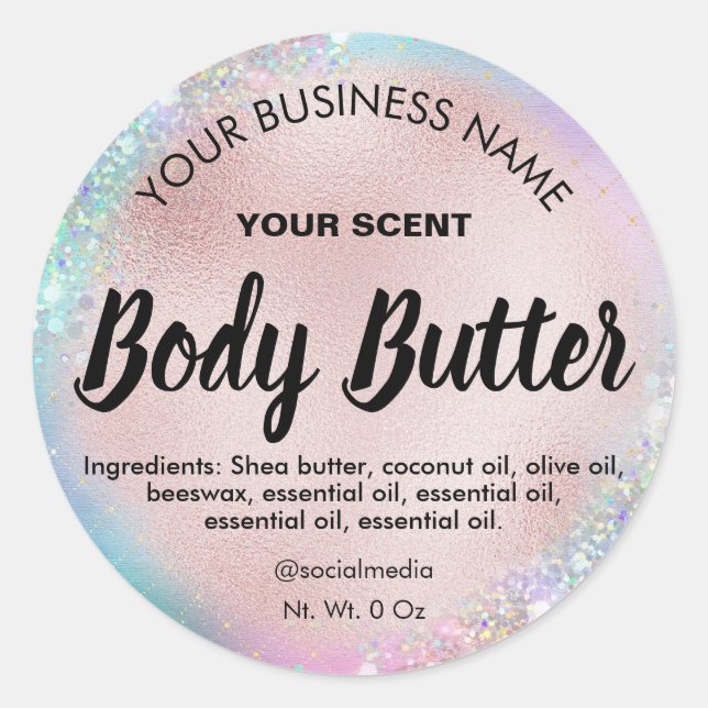 Holographic Glitter Pastel Rose Gold Body Butter Classic Round Sticker (Front)