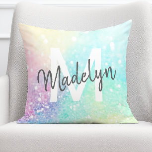 Holographic Glitter Personalized Monogram Throw Pillow