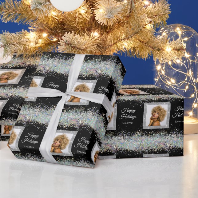 Holographic Glitter Photo Text Black Elegant Wrapping Paper (Holidays)
