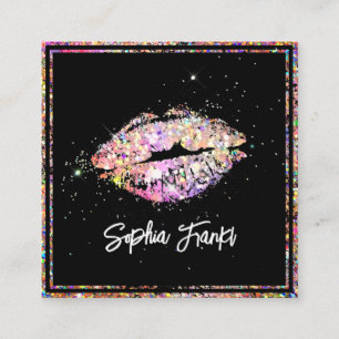 Holographic Glitter Pink Lips Makeup Artist Black Square Business Card