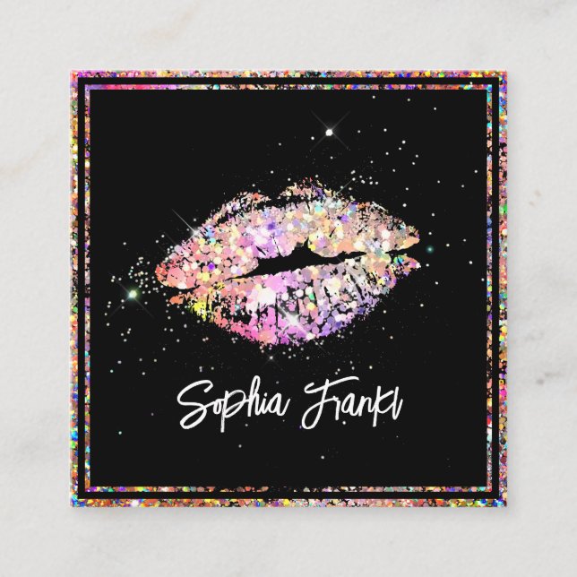 Holographic Glitter Pink Lips Makeup Artist Black Square Business Card (Front)