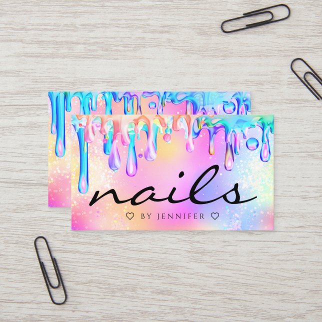Holographic Glitter Polish Drips Nails Trendy Business Card (Front/Back In Situ)