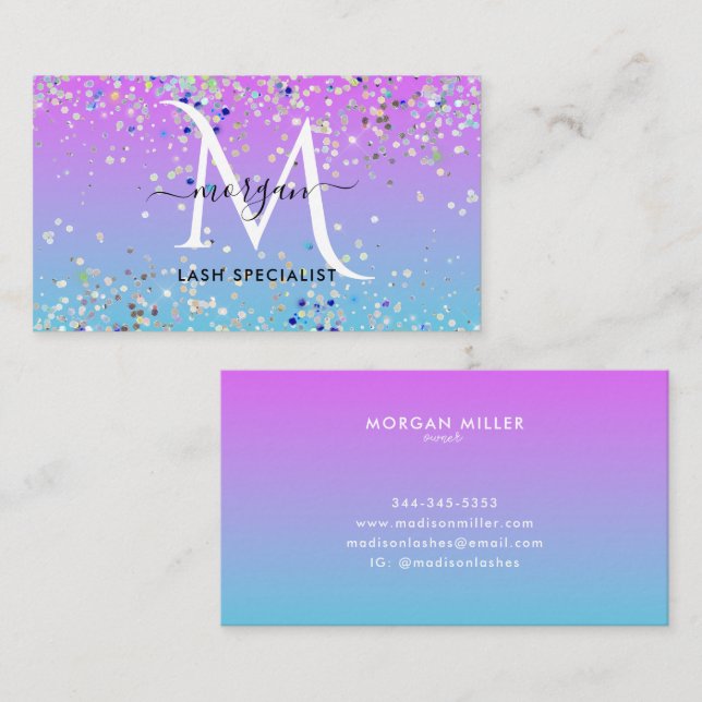 Holographic Glitter Purple Blue Ombre Monogram Business Card (Front/Back)