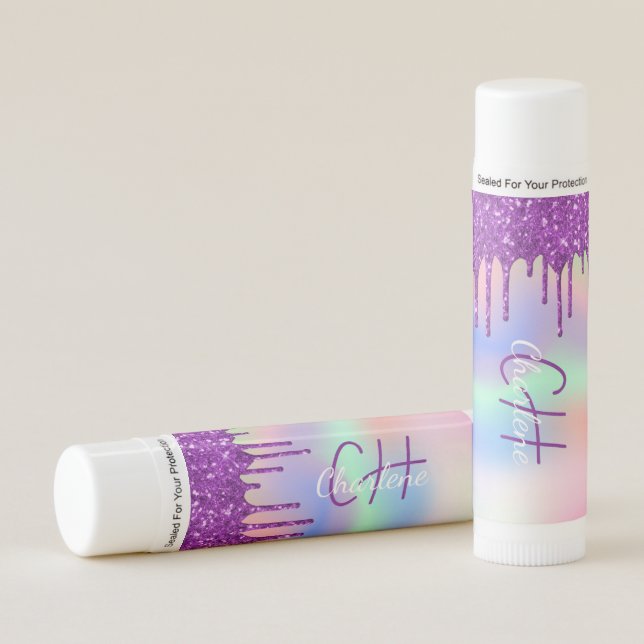 Holographic glitter purple monogram bridal shower lip balm (Front)
