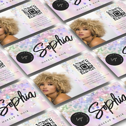 Holographic Glitter QR Code Logo Shiny Pink Beauty Business Card