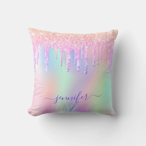 Holographic glitter rainbow monogram pink sparkle throw pillow