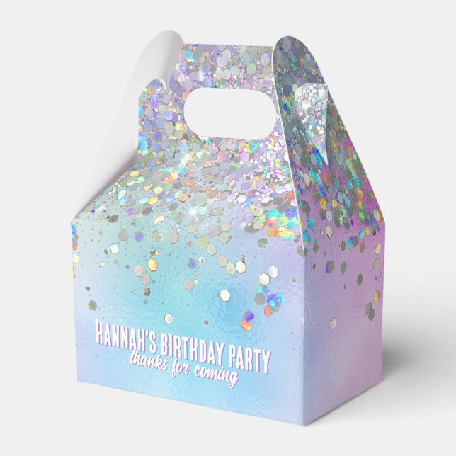 Holographic Glitter Rainbow Pastels Birthday Name Favor Boxes (Front Side)