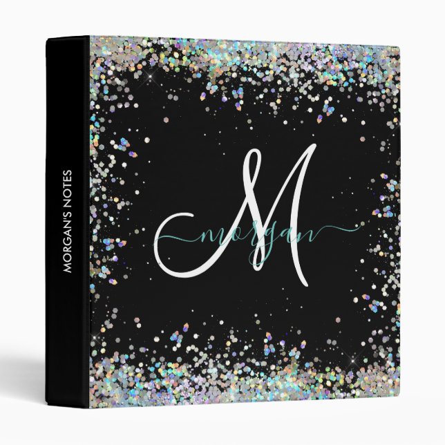 Holographic Glitter Rainbow Pastels Monogram 3 Ring Binder (Front/Spine)