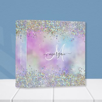 Holographic Glitter Rainbow Pastels Monogram 3 Ring Binder by freshpaperie at Zazzle
